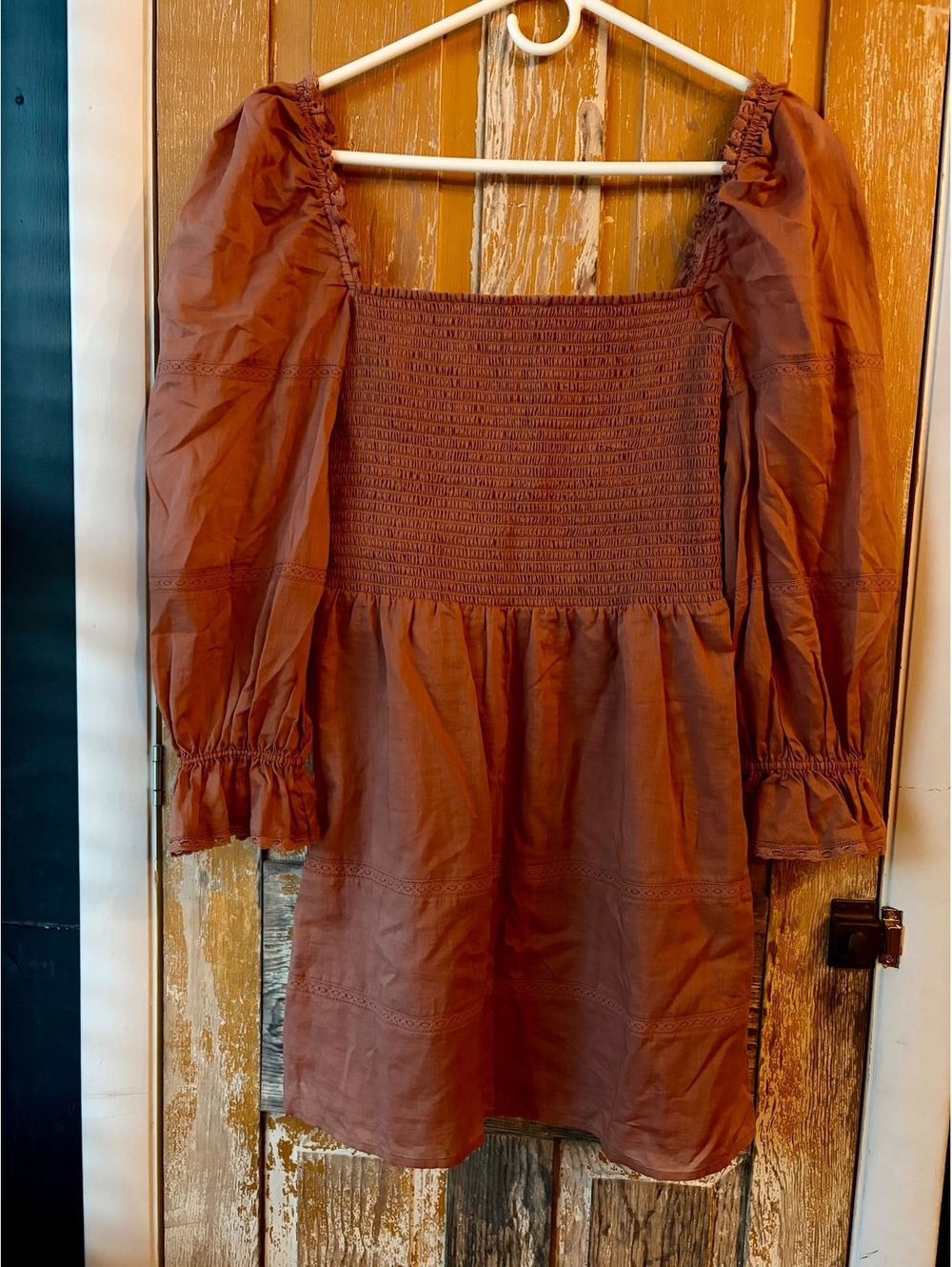 Reformation Dunes Smocked Mini Dress-Praline 100% organic cotton